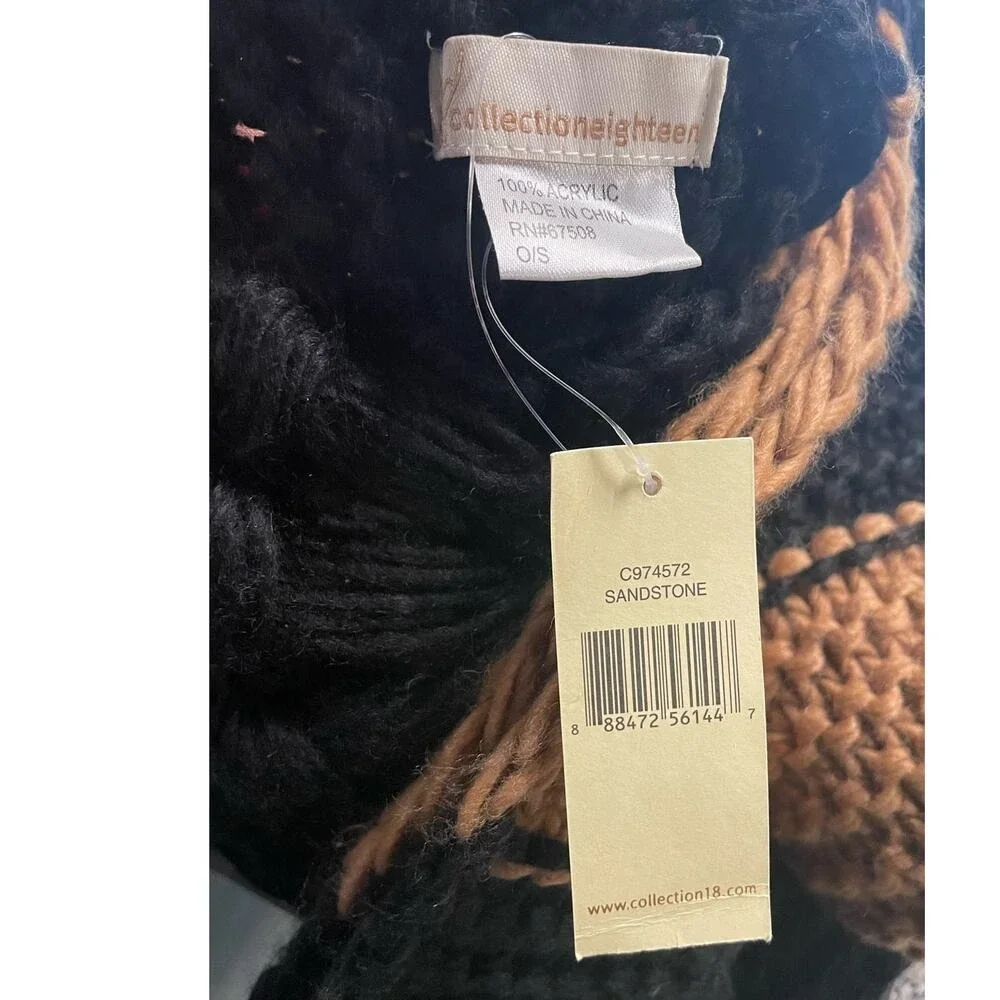 OVersized Scarf Black Brown Tan Chunky Knit Pockets Fringe NEW Cozy Gift Warm